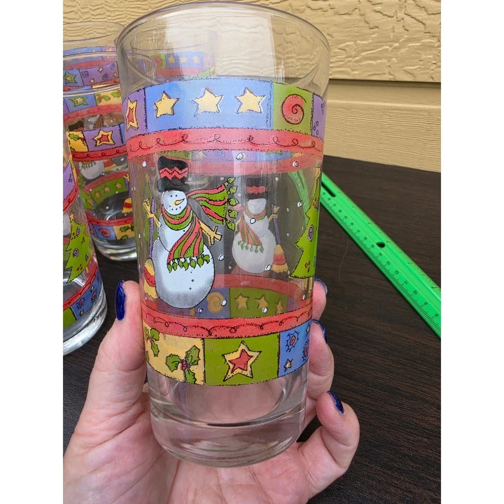 Sue Zipkin Snowman Christmas‎ Glass Tumblers Set of 12 Holiday Drinking Glasses